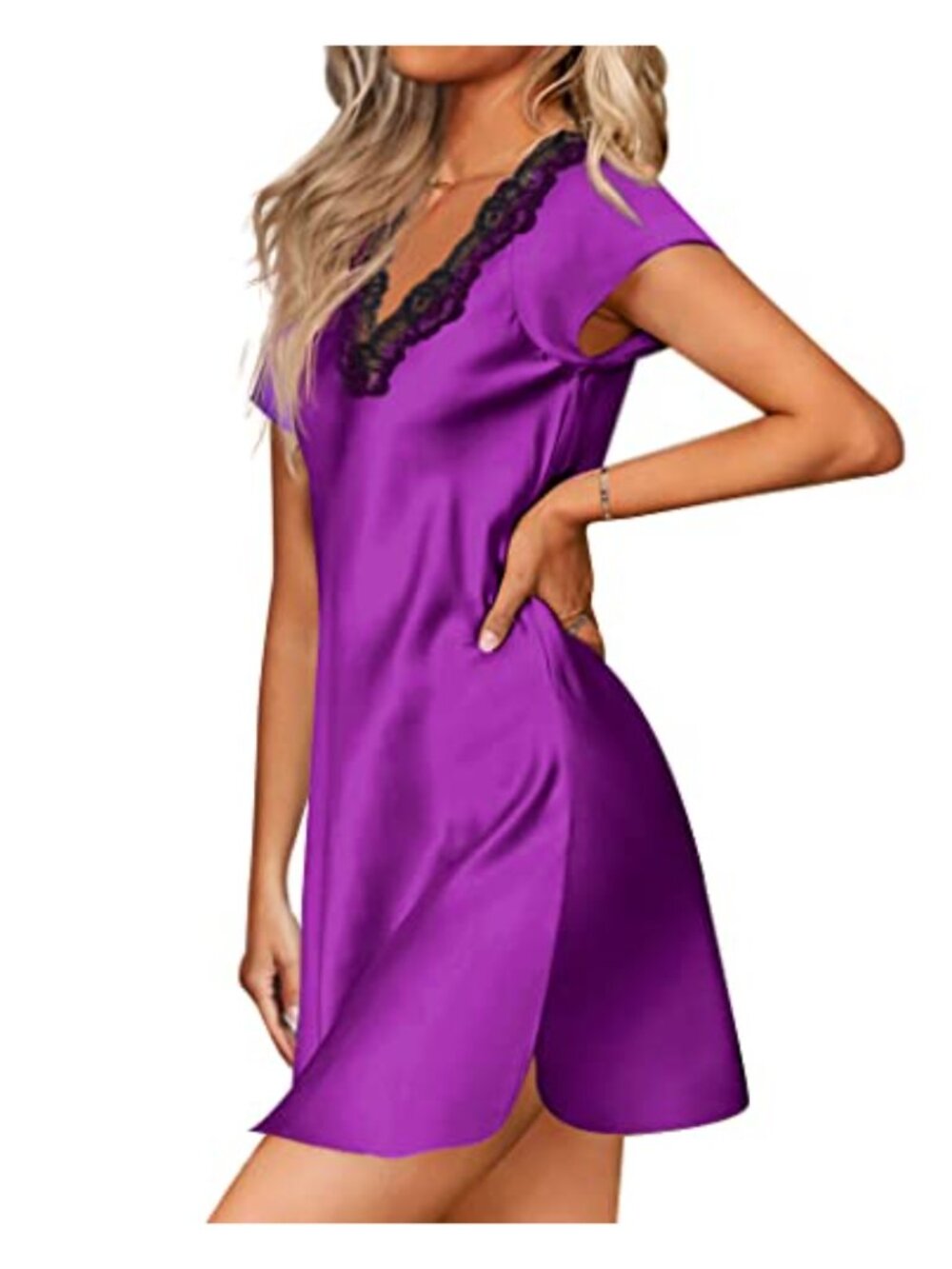Satin Nightgown Lace V Neck Short Sleeve Sleepshirt Side Slit